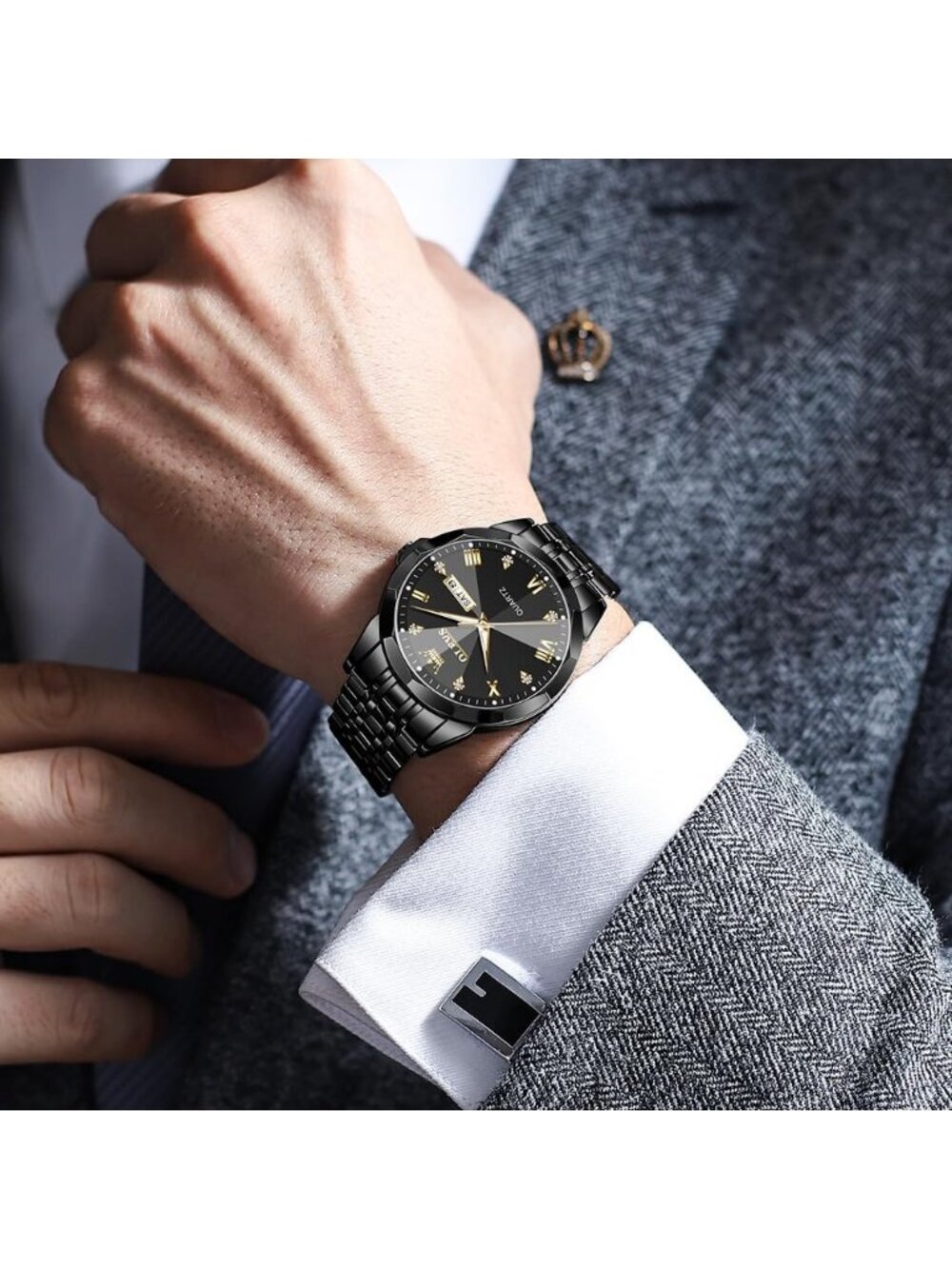 Men's All Black Diamond Stainless Steel Analog Quartz Classic Waterproof Watch - Picture 3 of 6